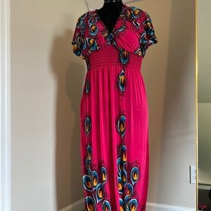 Woman’s dress, pink, peacock feather, romantic Sini